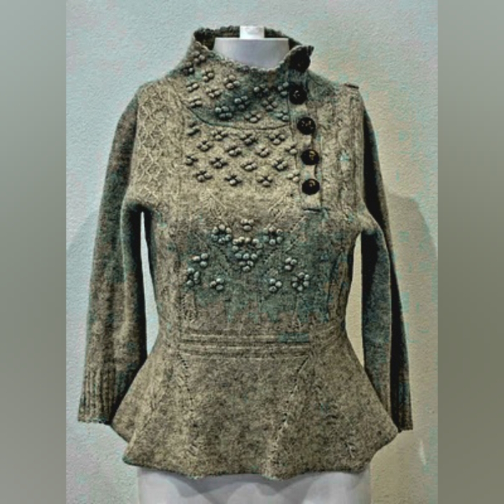 Anthropologie Moth Green Peplum Sweater with Buttons - Medium Marled Wool Blend - Picture 6 of 9
